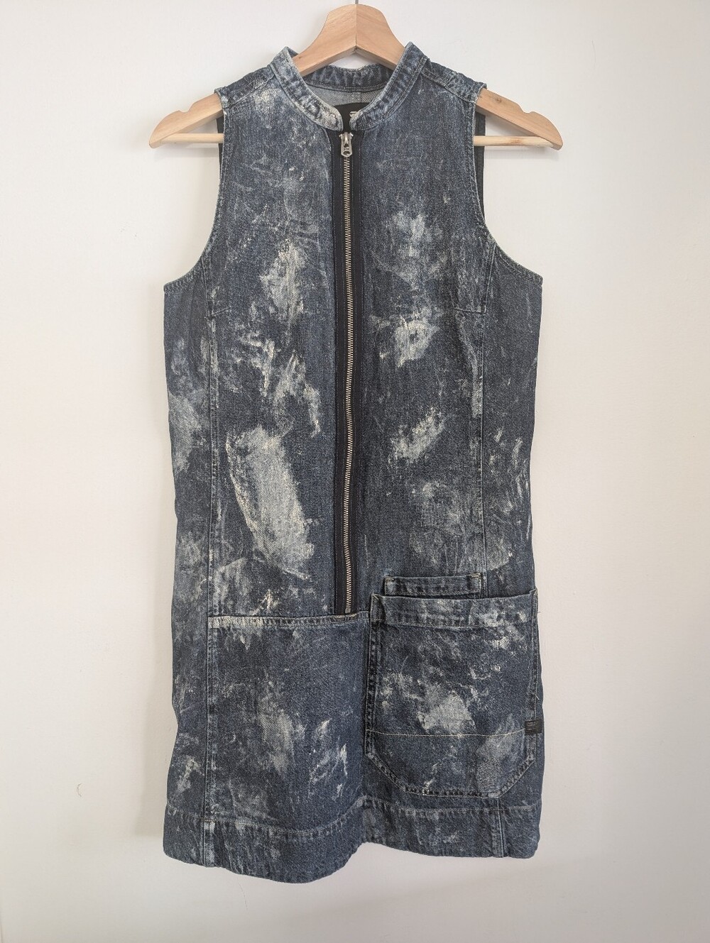 G Star Raw XS Paint Splatter Jean Dress Distressed White Blue Denim Sleeveless